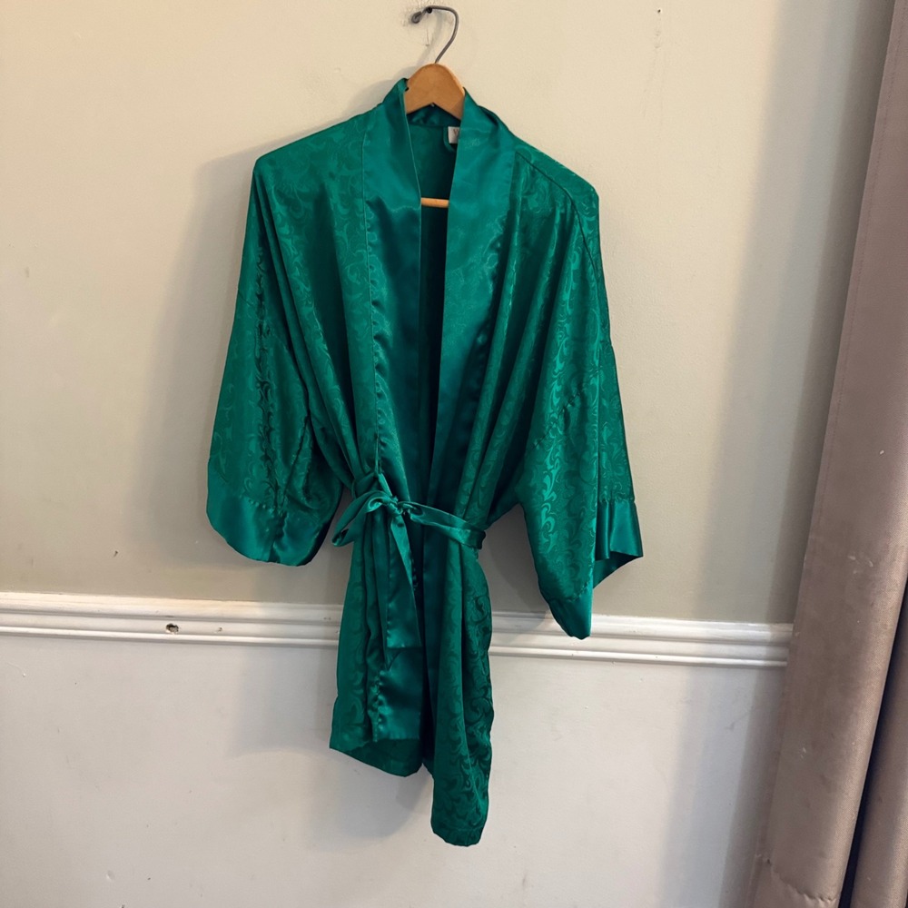 Vintage Victorias Secret Gold Label Emerald Green Satin Jacquard Robe OSFA